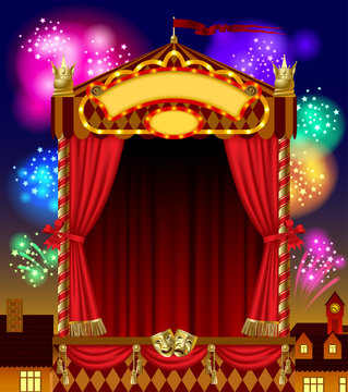 Puppet show booth with red curtain with night city and fireworks