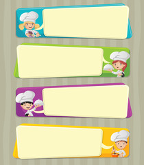 Cartoon chefs cooking and holding tray with food. Chefs talking with speech bubbles