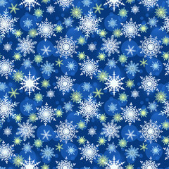 Seamless winter pattern with snowflakes, blue background, Christmas print.