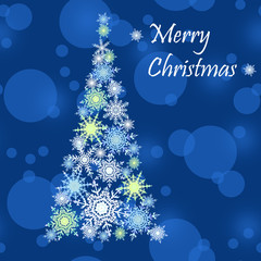 Card with abstract Christmas tree made of snowflakes on blue sky background. A festive Christmas illustration.