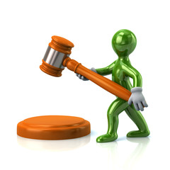 3d illustration of green man with a judge gavel