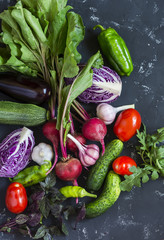 Fresh vegetables - red cabbage, beets, eggplant, peppers, garlic, tomatoes, herbs on a dark background. Raw ingredients. Food background