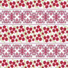 Floral seamless pattern in retro style, cute cartoon red flowers white background stripes.