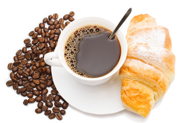 coffee and croissant on a white