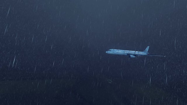 Passenger airliner flying in foggy night sky at thunderstorm with heavy rain and lightning. Realistic 3D animation rendered in 4K, ultra high definition.
