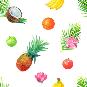 Watercolor tropical seamless pattern with tropical fruit, pineapple, bananas, oranges, apples, red and green, palm leaves, lotus flower on white background, watercolor painting, realistic illustration