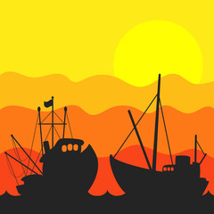 Fishing boat sunset vector