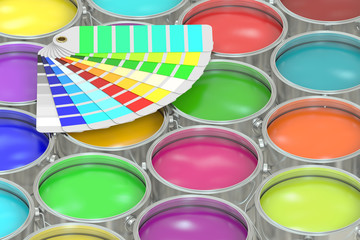 Paint cans background with pantone color palette guide. 3D rende