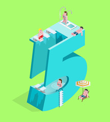 Isolated High Quality Isometric Blue Number Five on Green Background. Vector Illustration.