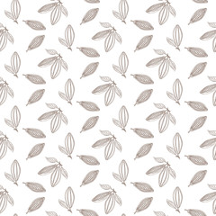 Cocoa beans outline seamless pattern. Chocolate white background. Organic raw cocoa beans line pattern.