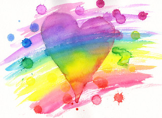 Rainbow heart with paint splashes watercolor painting