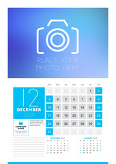 Wall calendar planner print template for 2017 year. December 2017. Calendar poster with place for photo. 3 Months on page. Week starts Sunday