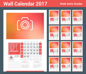 Wall calendar planner print template for 2017 year. Calendar poster with place for photo. 3 Months on page. Week starts Sunday