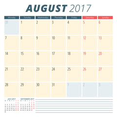August 2017. Calendar Planner for 2017 Year. Week Starts Monday. Stationery Design. Vector Calendar Template