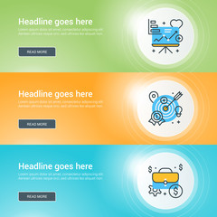 Set of flat line business website banner templates. Vector illustration. Modern thin line icons in circle with lights effect