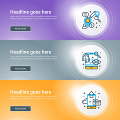 Set of flat line business website banner templates. Vector illustration. Modern thin line icons in circle with lights effect