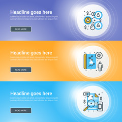 Fototapeta premium Set of flat line business website banner templates. Vector illustration. Modern thin line icons in circle with lights effect