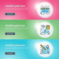 Set of flat line business website banner templates. Vector illustration. Modern thin line icons in circle with lights effect