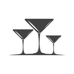Three cocktail glasses. Black icon, logo element, flat vector illustration isolated on white background.