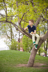 Cute kid boy sitting on the big tree  and eating apple in the park on a spring or summer day. Child climbing the tree in the city garden. Active boy having snack in the park.