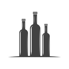 Three bottles for oil with screw cap. Black icon, logo element, flat vector illustration isolated on white background.