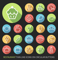 Set of Elegant Universal White Restaurant Minimalistic Thin Line Icons on Circular Colored Buttons on Black Background.