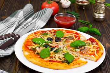 Pizza with Mushroom, Cheese, Mozzarella, Olives and Basil