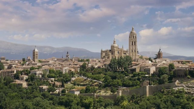 time lapse view of old town of Segovia, Cathedral of Santa Mara de Segovia. Castilla y Leon, Spain.