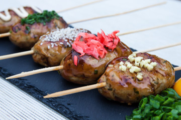 japanese cuisine, chicken meat ball Yakitori Tsukune.