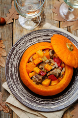 Pumpkin stuffed with meat and vegetables