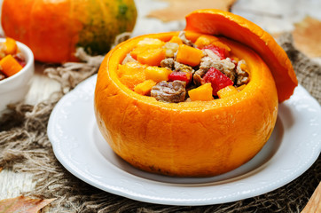 Pumpkin stuffed with meat and vegetables