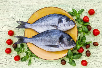 Raw dorado fish on yellow plate with basil and tomatoes on green table. Top view, copy space.