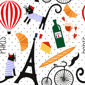 French culture symbols seamless pattern on polka dots background. Funny Paris illustration: wine, Eiffel tower, baguette, retro bicycle, mustache, cheese. Cute summer holidays Paris vector background.