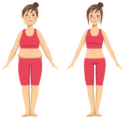 ダイエットをしている若い女性のイメージイラスト（ビフォーアフターセット）
