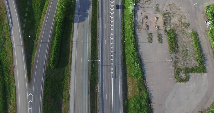 Aerial footage of cars and other vehicles on highway road keha 3, in Espoo, Finland