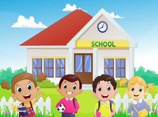 Plakat illustration of School children in front of the school building