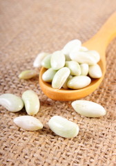 Seeds of beans with wooden spoon on jute canvas, healthy food