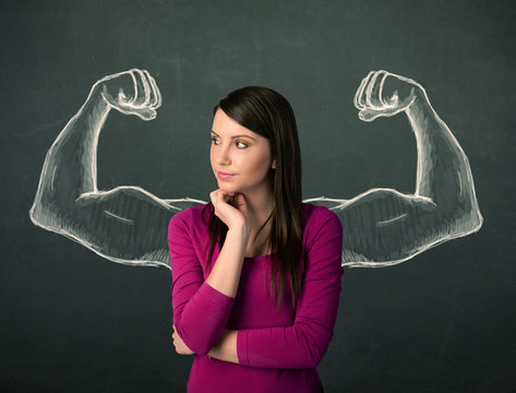 woman with sketched strong and muscled arms