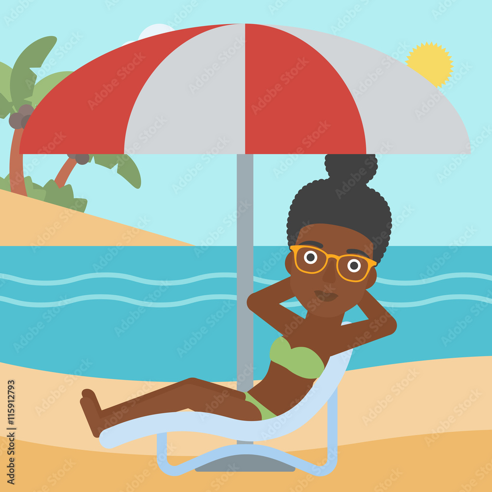 Poster Woman relaxing on beach chair vector illustration.