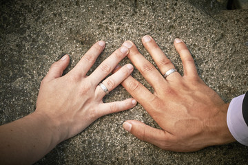 Newlyweds hands with rings