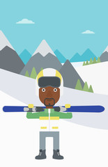 Man holding skis vector illustration.