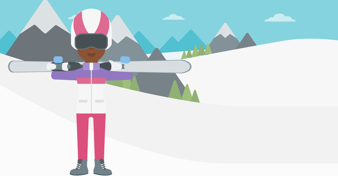 Woman holding skis vector illustration.