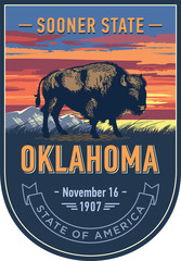 Оклахома, штат Америки, стилизованная эмблема, Бизон на закате на синем фоне