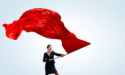 Woman waving red flag . Mixed media