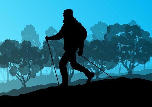Man hiker Nordic walking with poles vector background forest mou