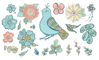 Collection of colorful doodle floral elements and bird