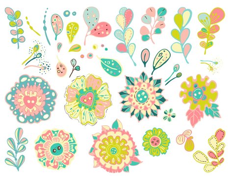 Collection of colorful doodle floral elements