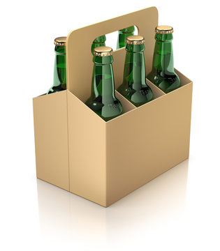 Six green bottles of beer in carton packaging on white reflective background