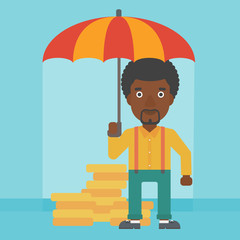 Businessman with umbrella protecting money.