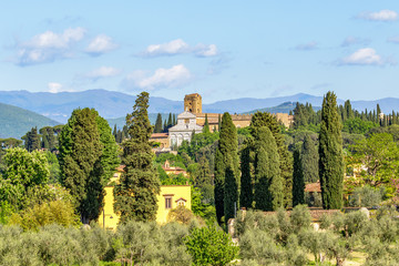 Basilica of San Miniato al Monte in Italian rural landscape